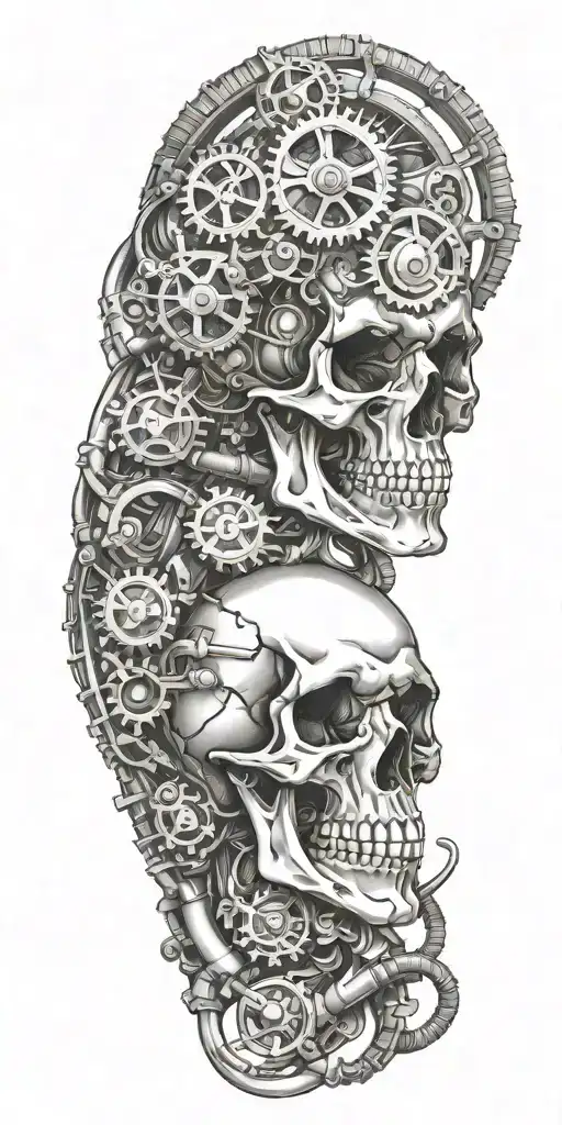 skull with biomechanical hoses and gears tattoo design idea