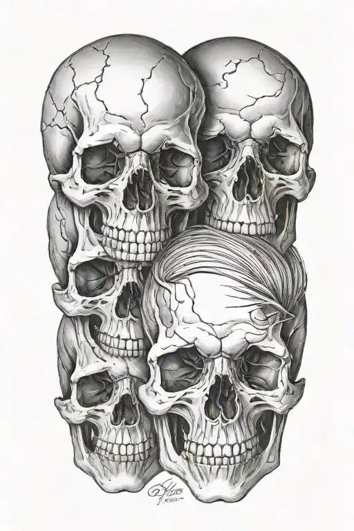 3 realistic looking skull sitting on top of each other  tattoo design idea