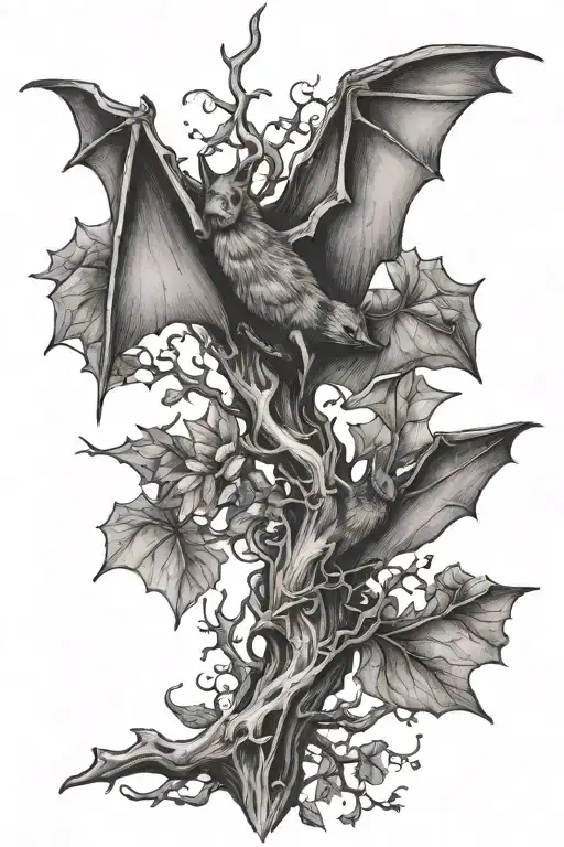 bat hanging upside on tree branch intertwined tattoo design idea