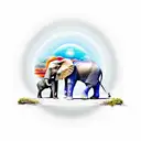 big elephant and baby elephant walking toward a sunset with halos  tattoo design idea