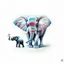 big elephant and baby elephant walking toward a sunset with halos  tattoo design idea