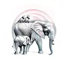 big elephant and baby elephant walking toward a sunset with halos  tattoo design idea