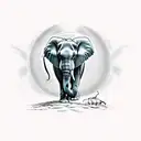 big elephant and baby elephant walking toward a sunset with halos  tattoo design idea