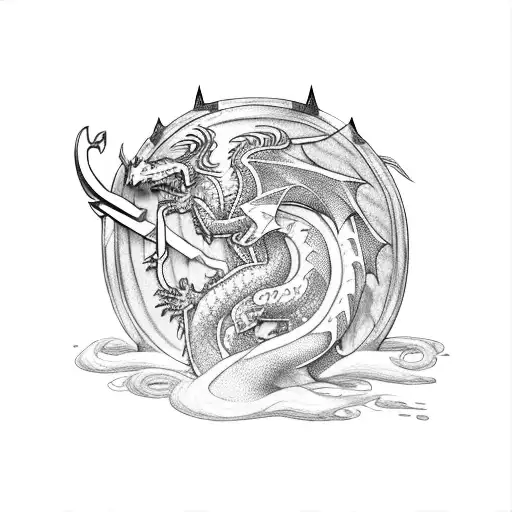 A fierce dragon battling a knight in a medieval video game tattoo design idea