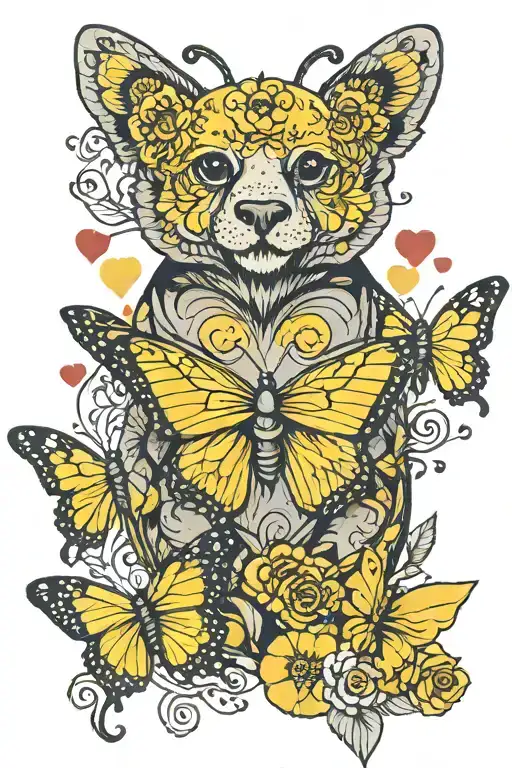yellow butterfly, bear, heart, Mandelin  tattoo design idea