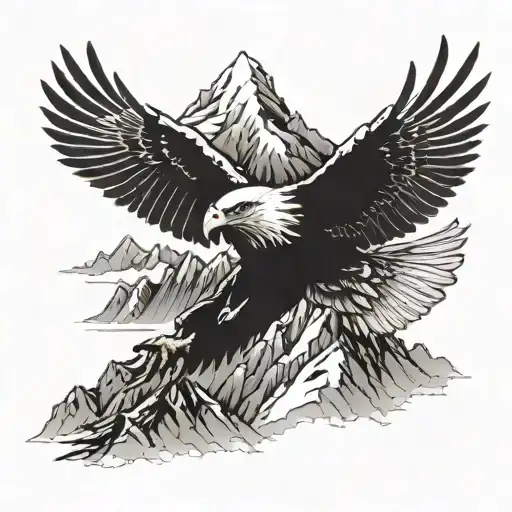 A detailed blackwork tattoo of a majestic eagle soaring over a mountain landscape tattoo design idea