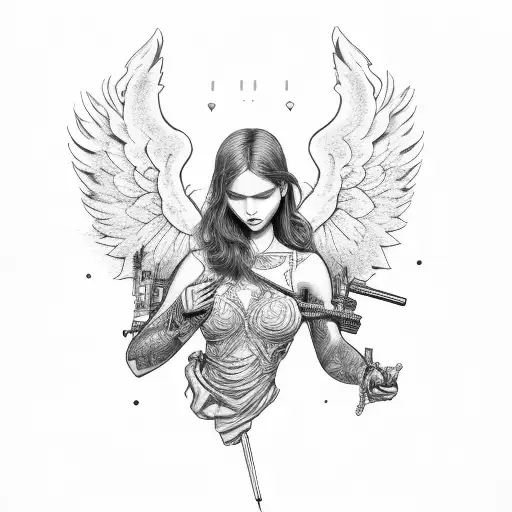 angel with a m4a1 on right hand and rose in left hand tattoo design idea