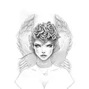 angel with a m4a1 on right hand and rose in left hand tattoo design idea