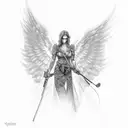 angel with a m4a1 on right hand and rose in left hand tattoo design idea