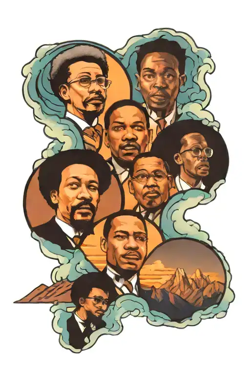 mountains with Fredrick Douglass, web dubuis, martin Luther king, and Malcolm X  tattoo design idea