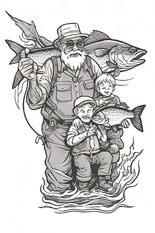 grandpa and grandson fishing tattoo design idea