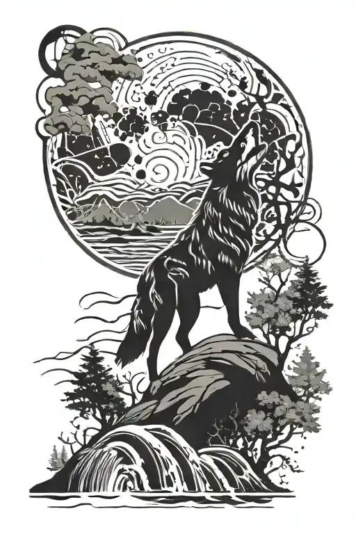 wolf howling at moon mountains trees waterfall flowing tattoo design idea