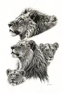 realistic lions head facing forward with a male and a female cub tattoo design idea