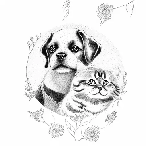 A silhouette of a dog and cat sitting together, surrounded by delicate flowers tattoo design idea