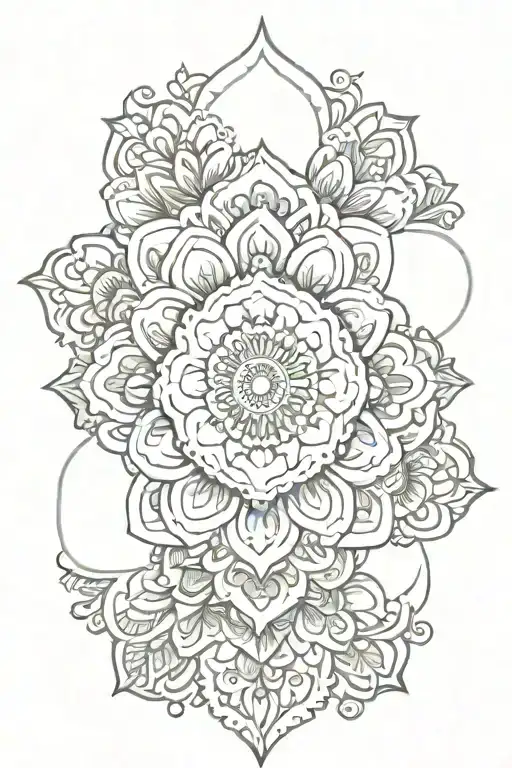 A mandala design incorporating elements of henna patterns and flowers, symbolizing femininity and beauty tattoo design idea