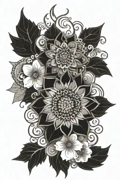 A mandala design incorporating elements of henna patterns and flowers, symbolizing femininity and beauty tattoo design idea