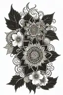 A mandala design incorporating elements of henna patterns and flowers, symbolizing femininity and beauty tattoo design idea
