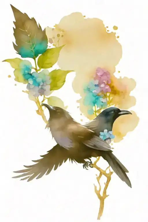crow and purple lilac flowers tattoo design idea