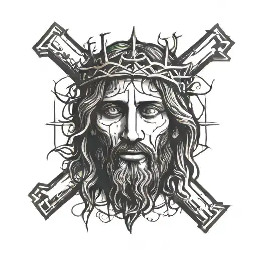 a cross with Jesus' face on the inside looking at you with the crown of thorns kind of sticking out along with his hair  tattoo design idea
