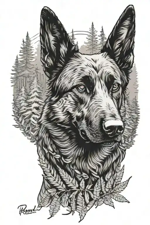 black German Shepherd mixed dog in the foreground, in the hoh rainforest with fern tattoo design idea