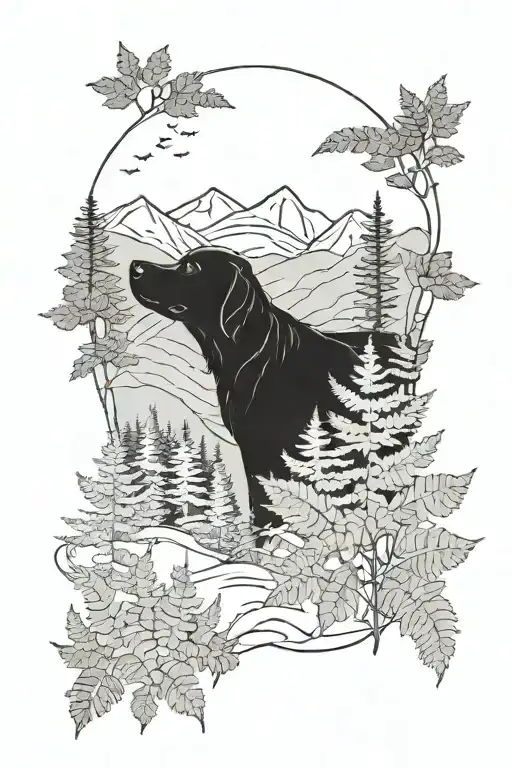 black dog in a forest with fern and mountains tattoo design idea