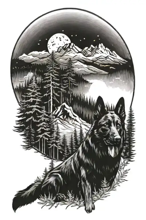 black German Shepherd in the foreground, in a pine forest with fern and mountains and moon tattoo design idea