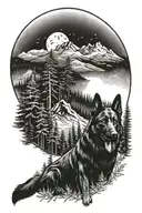 black German Shepherd in the foreground, in a pine forest with fern and mountains and moon tattoo design idea