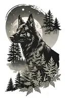 black German Shepherd in the foreground, in a pine forest with fern and mountains and moon tattoo design idea