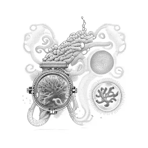 telescope in coral with jellyfish tattoo design idea