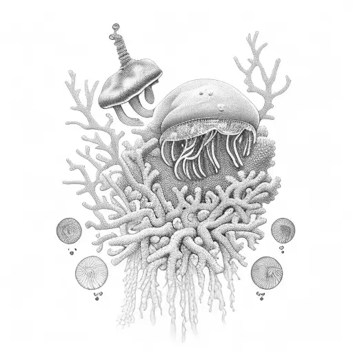 coral with telescope and jellyfish tattoo design idea