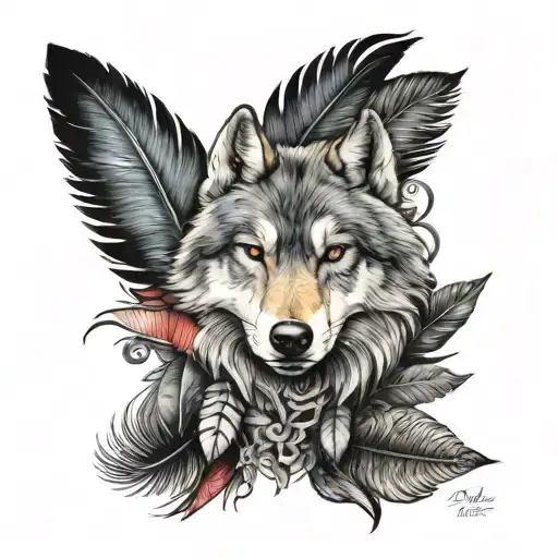 wolf turkey feather tattoo design idea