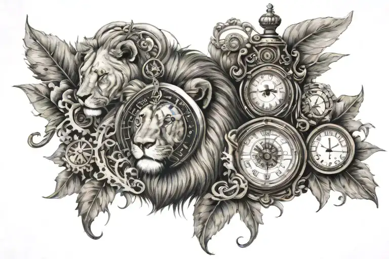 lion head and compass with clock and hourglass heart brain tattoo design idea