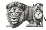 Imposing lion gazing piercing with watch compass at the bottom tattoo design idea