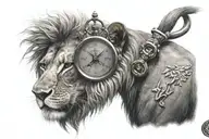 Imposing lion gazing piercing with watch compass at the bottom tattoo design idea