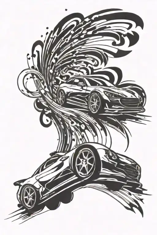 A tattoo design featuring a sleek racing car speeding down a winding road, with musical notes trailing behind it tattoo design idea