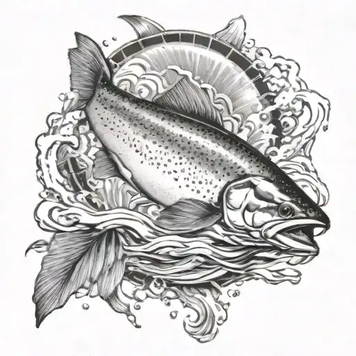 trout swimming upstream carrying dynamite towards a hydropowerplant tattoo design idea