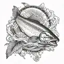 trout swimming upstream carrying dynamite towards a hydropowerplant tattoo design idea