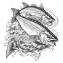 trout swimming upstream carrying dynamite towards a hydropowerplant tattoo design idea
