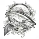 trout swimming upstream carrying dynamite towards a hydropowerplant tattoo design idea