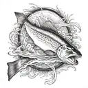 trout swimming upstream carrying dynamite towards a hydropowerplant tattoo design idea
