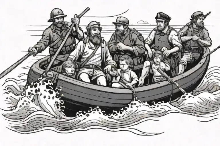Christian holy family crossing the english channel in a small inflatable raft with the police following on a boat tattoo design idea