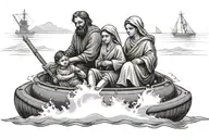 Christian holy family crossing the english channel in a small inflatable raft tattoo design idea