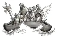 Christian holy family crossing the english channel in a small inflatable raft tattoo design idea
