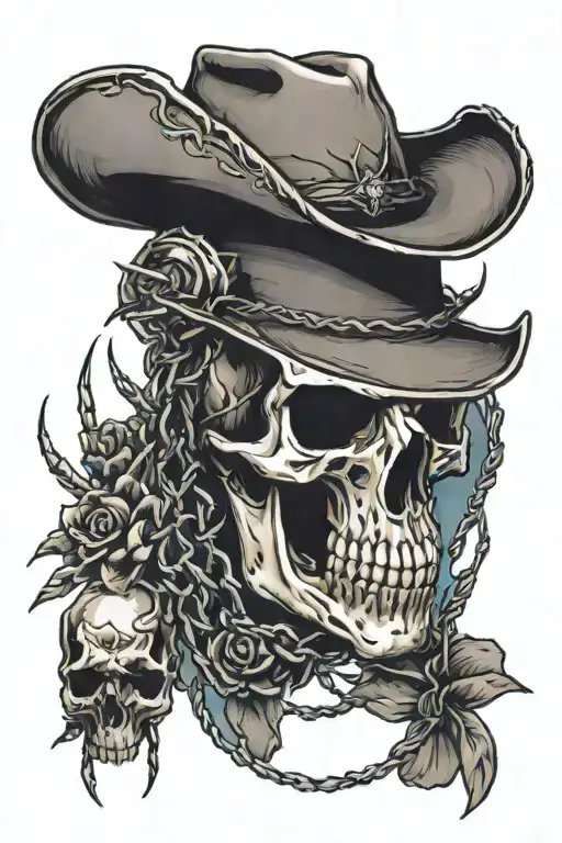 animal skull with barbed wire and cowboy hat tattoo design idea