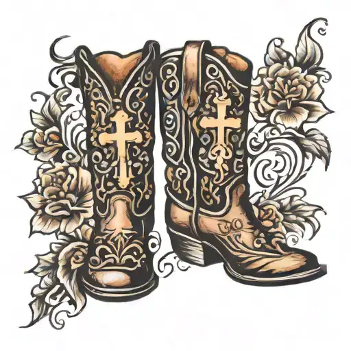 pair of cowboy  boots with a cross tattoo design idea