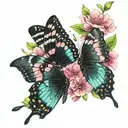 pink flowers with two black butterflies perched on top(blue and green markings on the wings) tattoo design idea