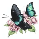 pink flowers with two black butterflies perched on top(blue and green markings on the wings) tattoo design idea