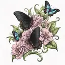 pink flowers with two black butterflies perched on top(blue and green markings on the wings) tattoo design idea