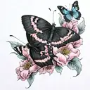 pink flowers with two black butterflies perched on top(blue and green markings on the wings) tattoo design idea