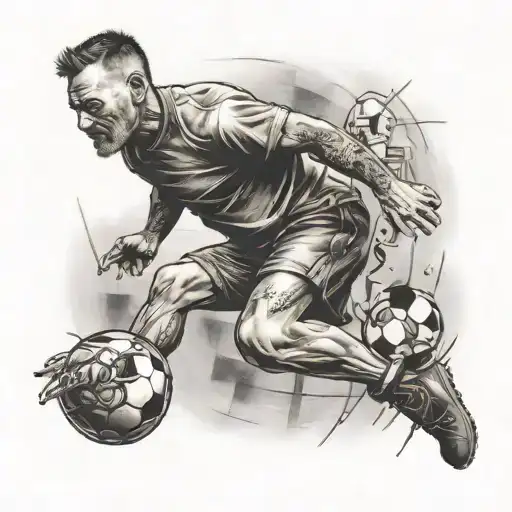 A portrait of the client's dad playing soccer, incorporating elements of welding to represent their occupation tattoo design idea